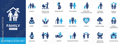 Family icon set featuring parents, children, relationships, community, father, generation, graduation, group, hiring, and community symbols for apps, branding, and social projects.