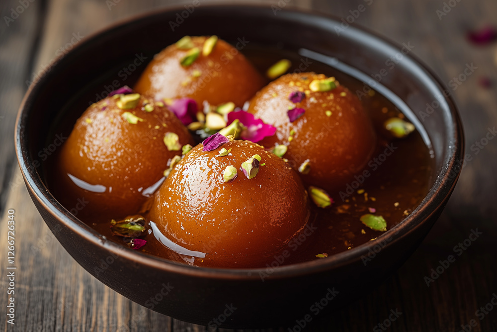 a bowl of warm, golden-brown gulab jamun soaked in a saffron-infused sugar syrup. Indian food a bowl of warm, golden-brown gulab jamun soaked in a saffron-infused sugar syrup. Indian food