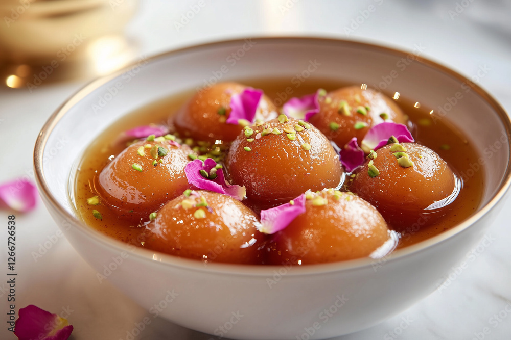 a bowl of warm, golden-brown gulab jamun soaked in a saffron-infused sugar syrup. Indian food a bowl of warm, golden-brown gulab jamun soaked in a saffron-infused sugar syrup. Indian food