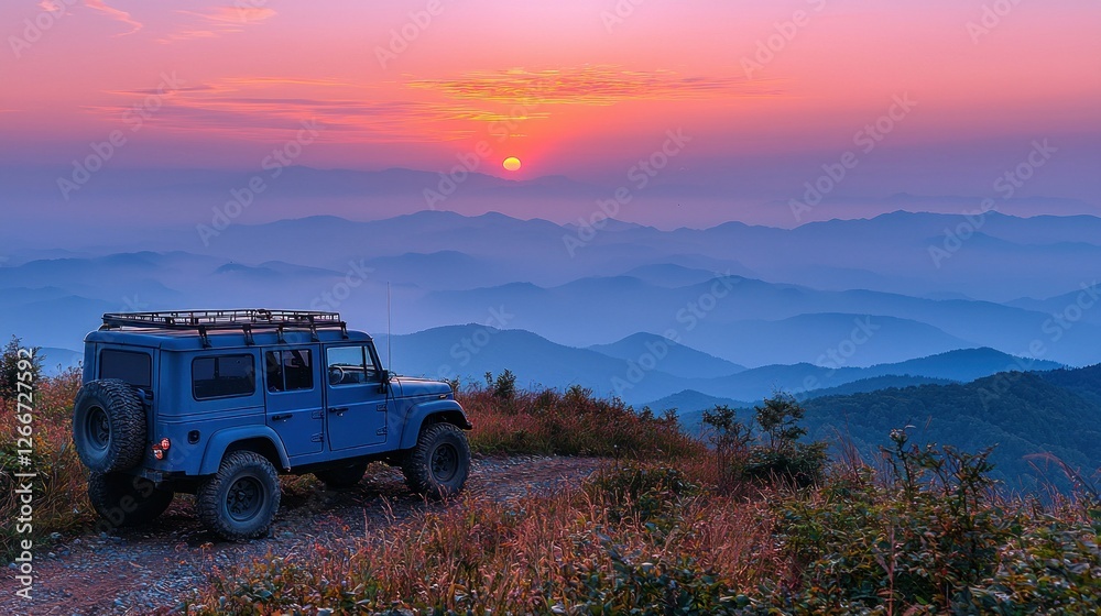 Blue SUV parked on mountain road at sunset overlooking misty hills Blue SUV parked on mountain road at sunset overlooking misty hills