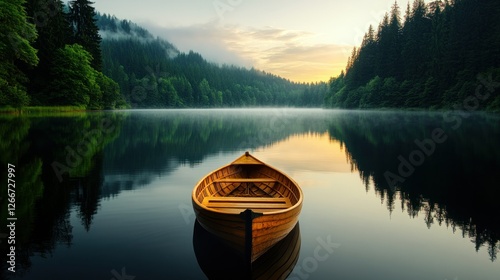 Peaceful wooden rowboat on serene lake at sunrise, misty mountains in background photo