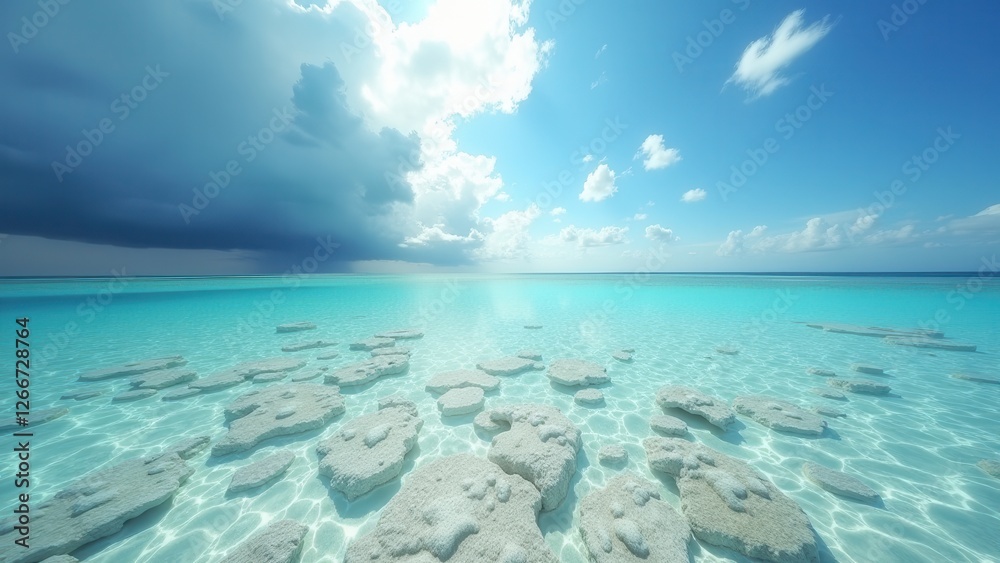 Shallow tropical ocean water over a bleached coral seabed with dramatic clouds Shallow tropical ocean water over a bleached coral seabed with dramatic clouds