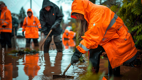 Rescue worker assisting in a flooded city street
