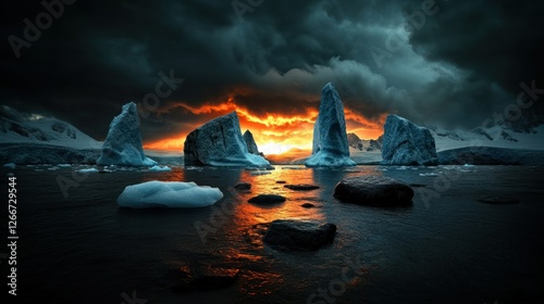 Antarctic icebergs dramatic sunset photo