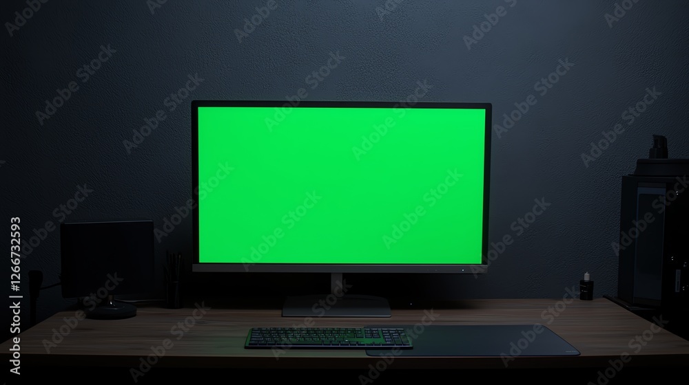 Green screen computer monitor on desk Green screen computer monitor on desk