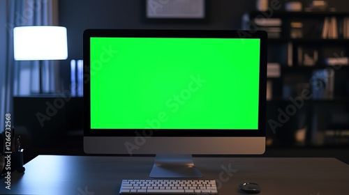 Green screen desktop computer at night