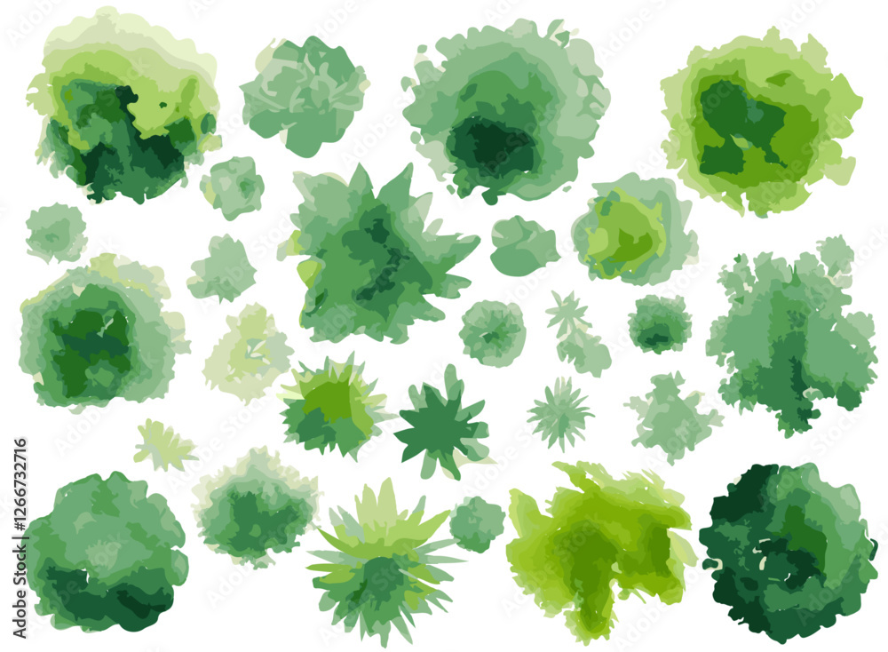 Watercolor style hand drawn top of view tree garden useful for landscape design