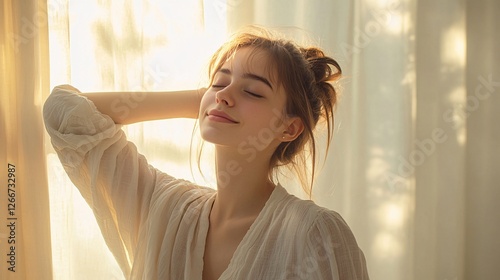 Serene Young Woman Basking In Sunlight By Window Free Download Serene Young Woman Basking In Sunlight By Window - GFXLoad
