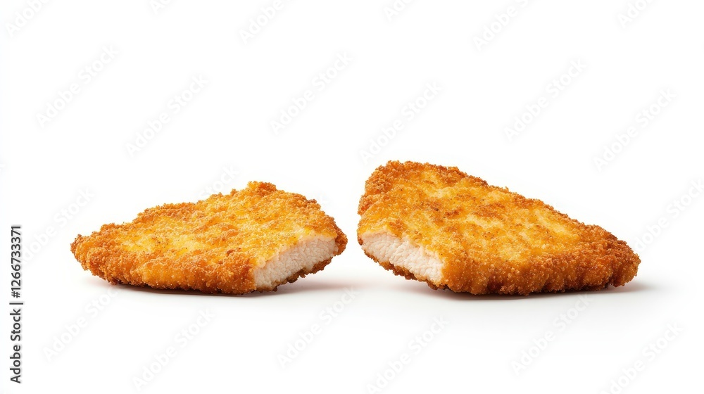 Golden Crispy Chicken Fillet Pieces Isolated on White Background Golden Crispy Chicken Fillet Pieces Isolated on White Background