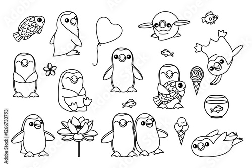 vector simple penguins bird set. Coloring book page. Hand drown design element. Clip art isolated on transparent background.