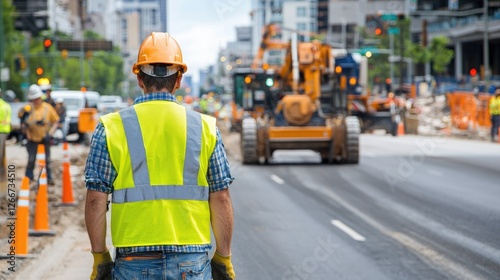 Wallpaper Mural Construction Worker Overseeing Road Repair with Heavy Equipment Torontodigital.ca