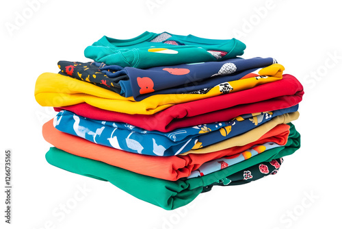 A colorful assortment of children's t-shirts folded neatly Isolated on white background.