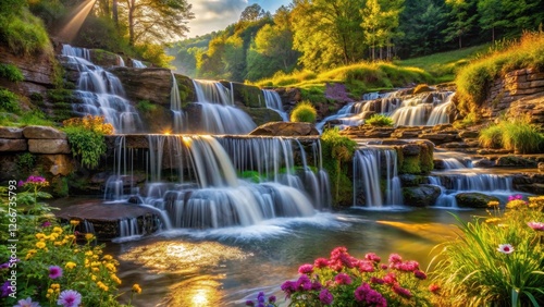 Serene Cascading Waterfall in a Lush Green Forest at Sunset with Vibrant Flowers