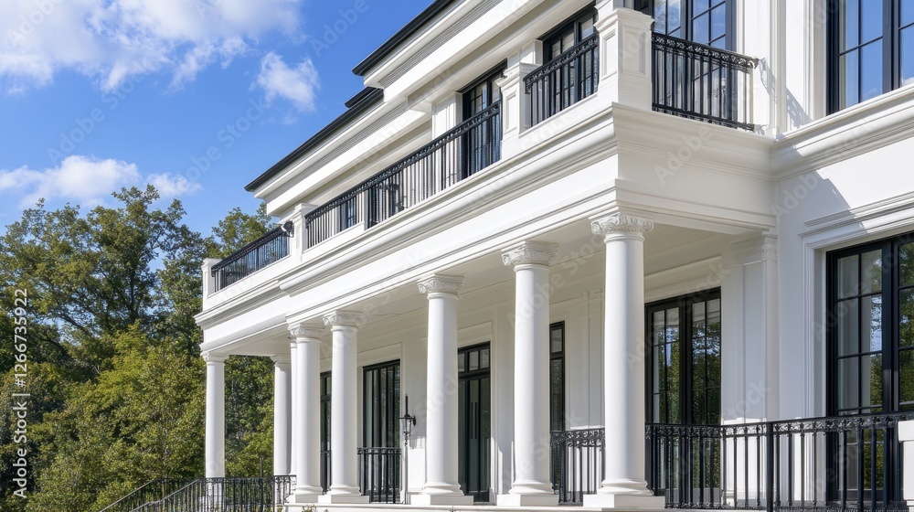 Elegant White Mansion With Pillars and Balconies Against Blue Sky Elegant White Mansion With Pillars and Balconies Against Blue Sky