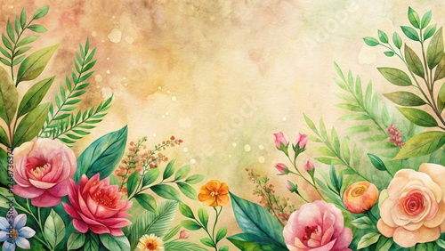 Watercolor Floral Arrangement with Delicate Roses and Lush Greenery on a Textured Background