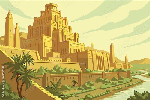   A highly detailed, photorealistic illustration of a massive, ancient cityscape, with intricate architecture and a vast network of canals and waterways. The city is built in a warm, golden-brown col