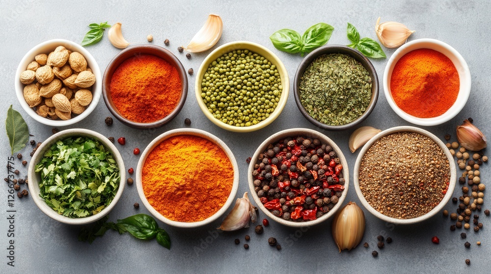 Assorted spices and herbs arranged in bowls on a gray surface with garlic and basil nearby Assorted spices and herbs arranged in bowls on a gray surface with garlic and basil nearby