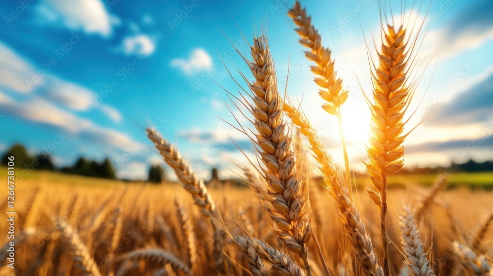 Fototapeta premium Golden wheat field at sunset, close-up, rural landscape