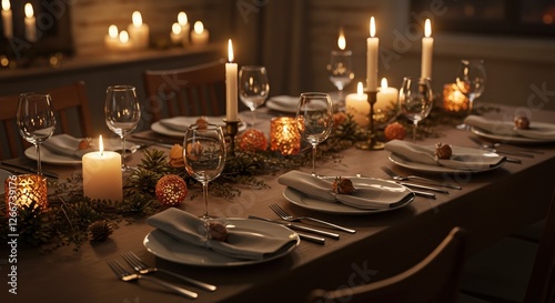 Elegant Candlelit Dinner Table with Rustic Decor for a Cozy Evening Ambiance, Photograph of Festive Place Settings and Warm Lighting
