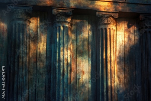 Wallpaper Mural Ancient columns against a weathered wooden wall, bathed in sunlight. Torontodigital.ca