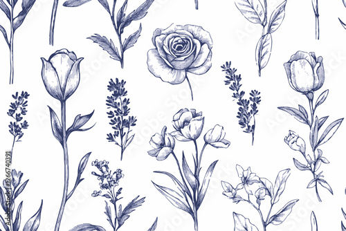 Toile art Floral vintage seamless pattern flowers of Clematis blue on a beige. Hand drawn vector background. Monochrome. Textiles, paper, fabric, wallpaper decoration