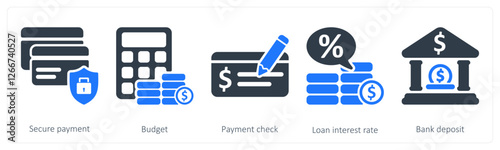 A set of 5 business icons as secure payment, budget, payment check