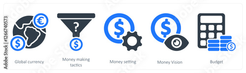A set of 5 business icons as global currency, money making tactics, money setting