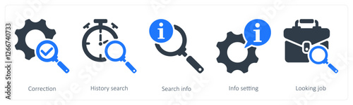 A set of 5 business icons as correction, history search, search info