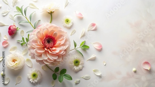 Pastel Floral Arrangement Featuring Delicate Blooms and Petals on a Soft White Background