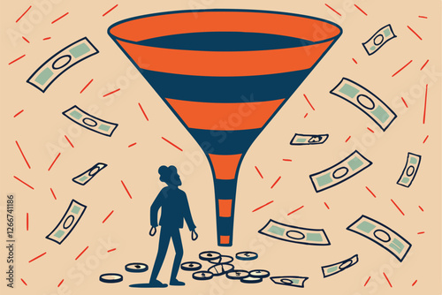  Surreal artwork, giant inverted funnel, silhouette of person, raining money bills, orange and blue color scheme, textured background, metaphorical illustration, financial concept, wealth accumulati