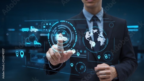 Global Logistics Technology Businessman Digital Interface Modern Technology Transportation Management System Worldwide Delivery Network Efficient Supply Chain Solution Advanced Tracking System        