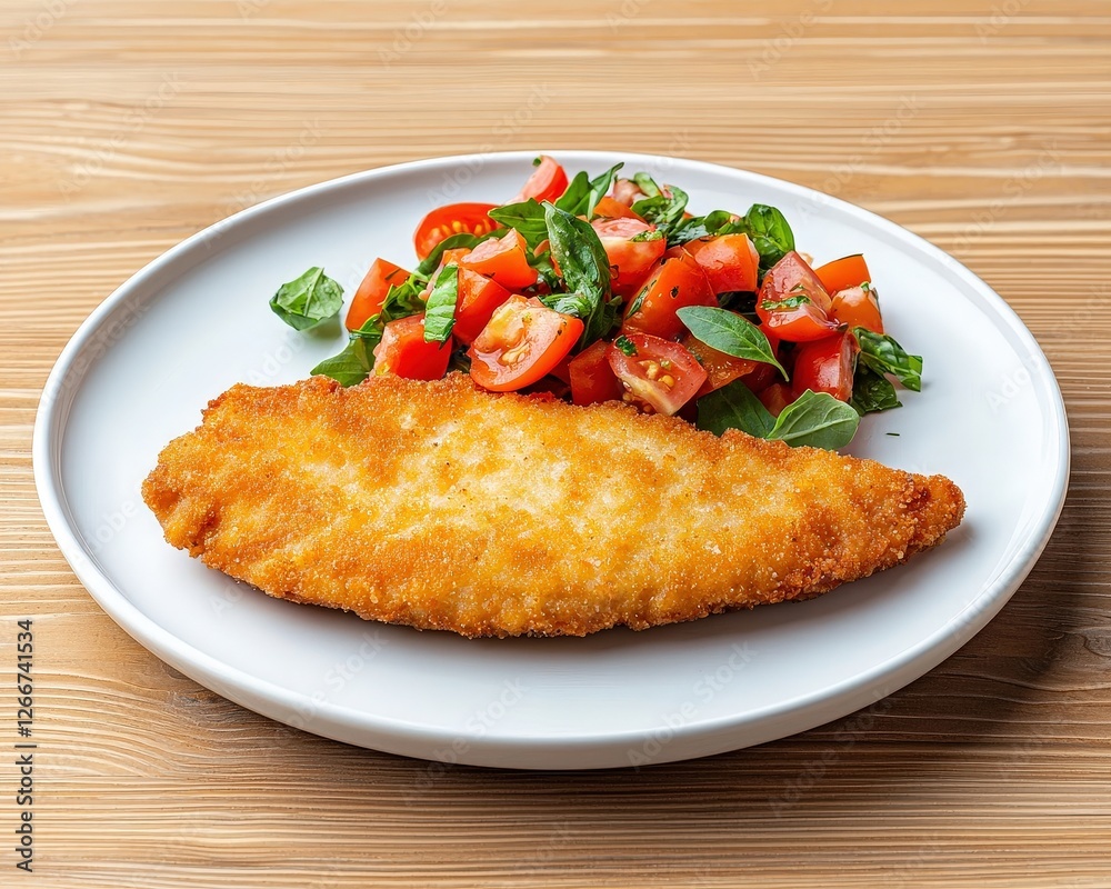 Crispy Fried Fish Fillet with Fresh Tomato and Basil Salad Crispy Fried Fish Fillet with Fresh Tomato and Basil Salad