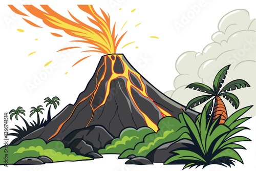  Photo of a volcano erupting, bright orange and yellow flames and smoke, dark gray and black rocks, lush green vegetation at the base, bright sunlight, dramatic lighting, high quality, detailed, rea