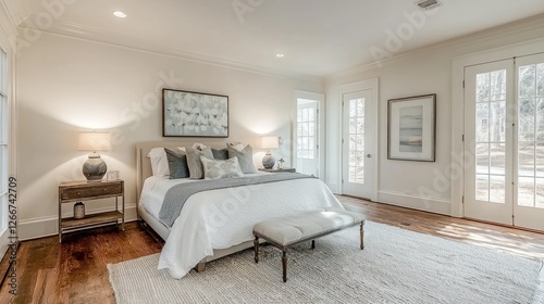 Serene Master Bedroom with French Doors and Natural Light photo