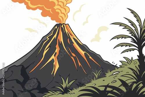  Photo of a volcano erupting, bright orange and yellow flames and smoke, dark gray and black rocks, lush green vegetation at the base, bright sunlight, dramatic lighting, high quality, detailed, rea
