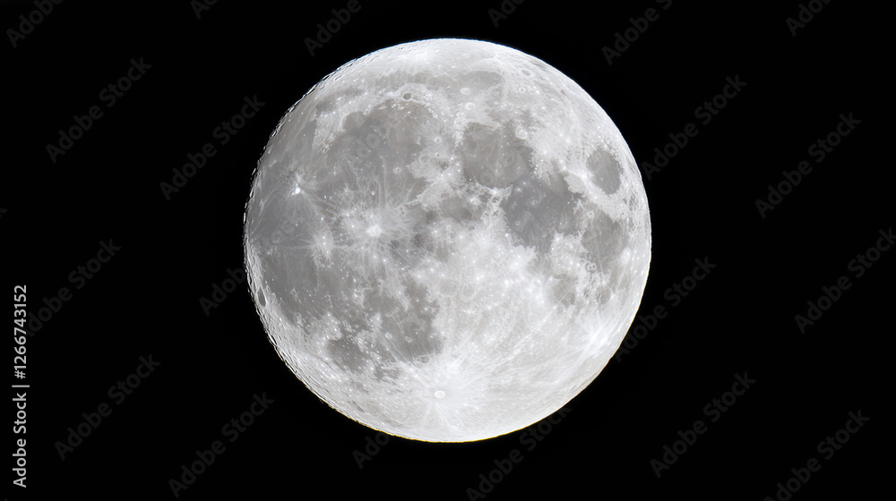 Obraz premium bright full moon shines in night sky, showcasing its craters and surface details