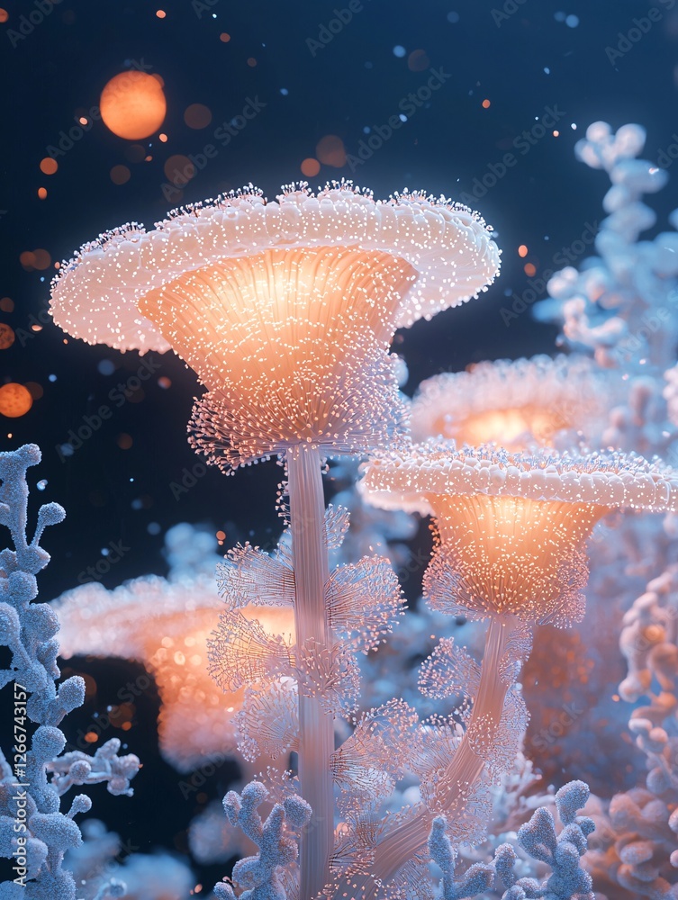 Naklejka premium A surreal underwater scene blending traditional film photography aesthetics with futuristic digital overlays, bioluminescent creatures, dreamlike fluidity, deep-sea mystery, artistic composition