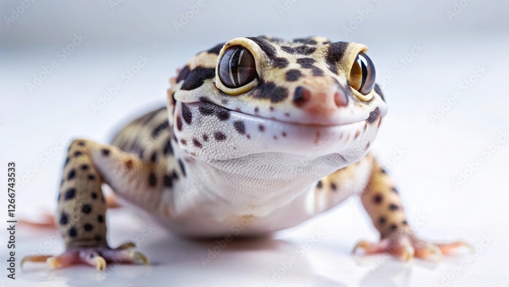 Close-up portrait of a leopard gecko displaying its unique markings and expressive eyes on a bright, clean surface. Close-up portrait of a leopard gecko displaying its unique markings and expressive eyes on a bright, clean surface.