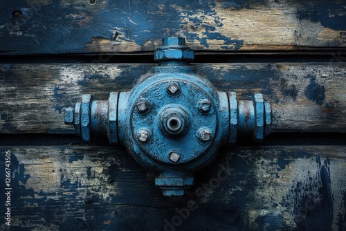 A weathered blue industrial valve affixed to a rustic, dark blue painted wooden background. photo