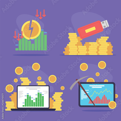 Various finance themes, as data trends with charts, coins, and digital analysis tools against a vibrant purple background