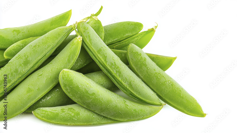 Fresh green sugar snap peas arranged on white background, showcasing their vibrant color and natural sheen Fresh green sugar snap peas arranged on white background, showcasing their vibrant color and natural sheen
