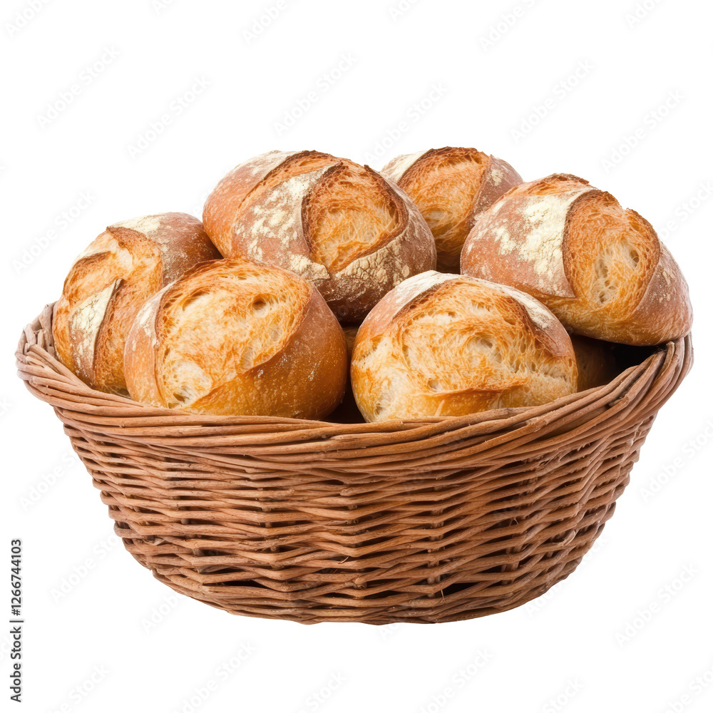 Isolated Full Wicker Basket with Assorted Crusty Bread Rolls Isolated Full Wicker Basket with Assorted Crusty Bread Rolls