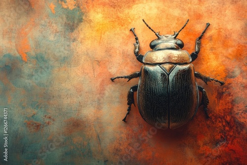 A detailed close-up of a metallic dark beetle on a textured, orange-toned background. photo