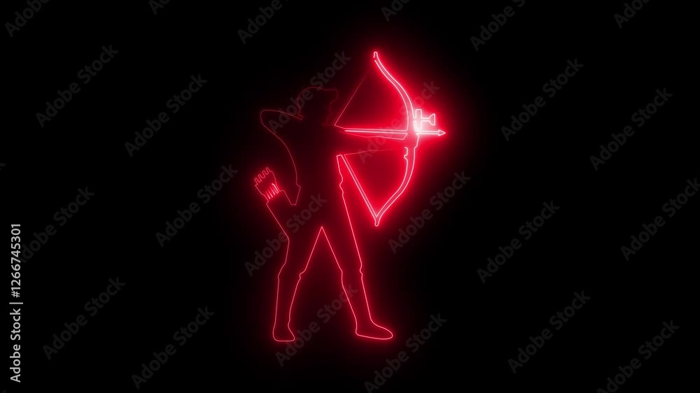  Neon cupid man silhouette with glowing arrow in 4k animation