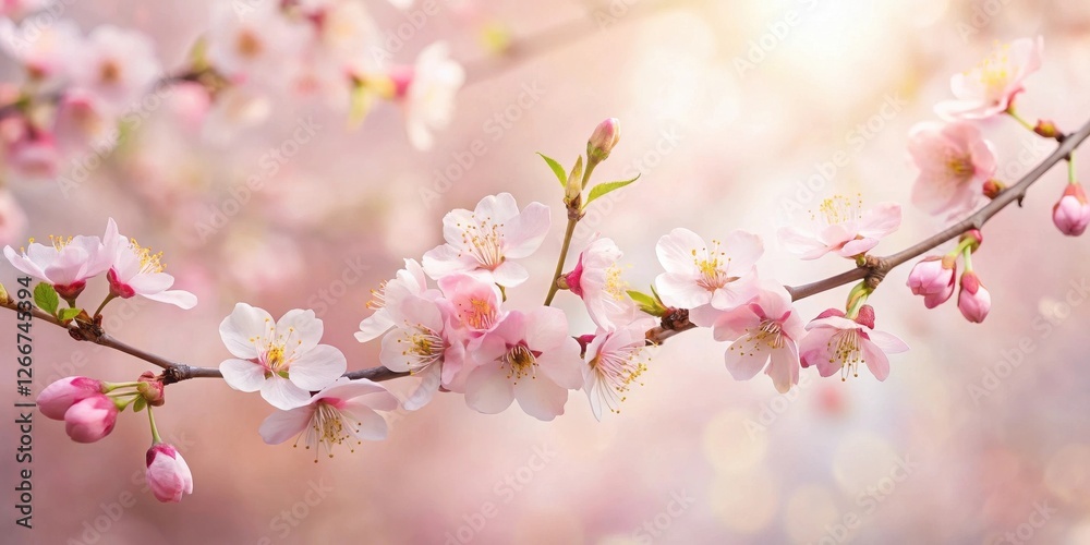 Delicate Pink Blossoms on a Branch in Soft Light, a Symbol of Spring's Gentle Arrival Delicate Pink Blossoms on a Branch in Soft Light, a Symbol of Spring's Gentle Arrival