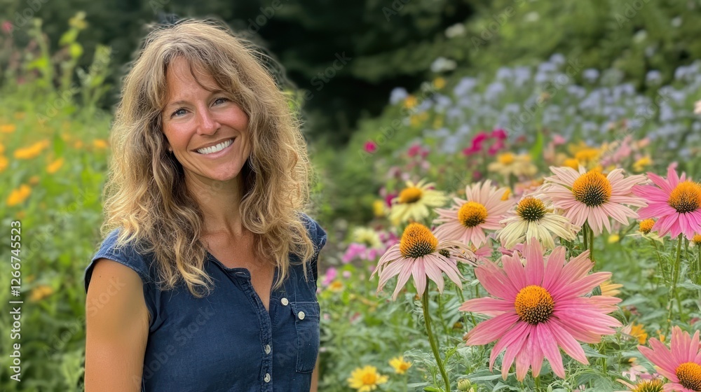 Woman smiling in flower garden, summer day Woman smiling in flower garden, summer day