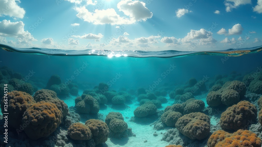 Obraz premium Sunlight streaming through ocean water over a bleached coral reef on the seabed