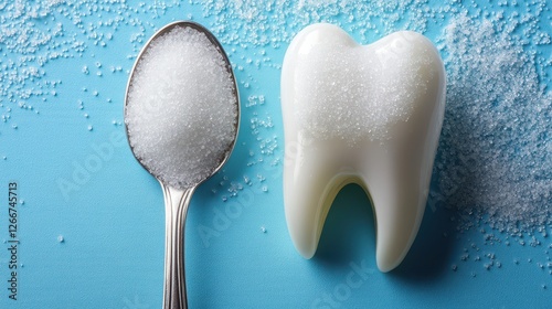 Tooth and Sugar on Blue Background – Concept of Cavities and Oral Health