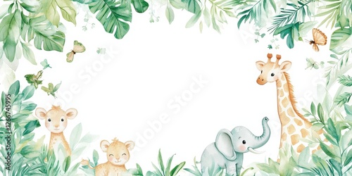Cute animals in jungle foliage background. Space for text, cards or baby shower invites