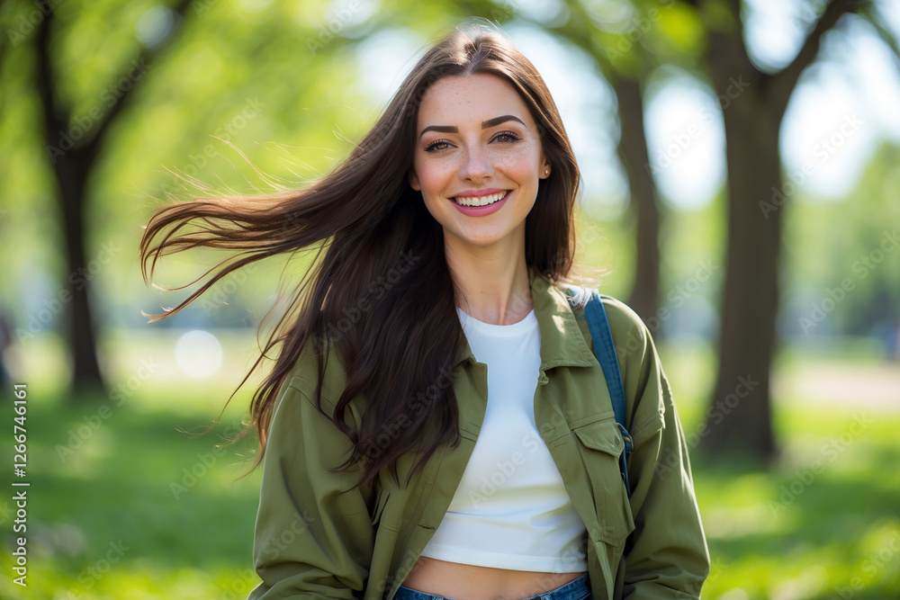 Young happy Ukrainian woman in her 20s wearing casual green jacket jeans in the park Young happy Ukrainian woman in her 20s wearing casual green jacket jeans in the park